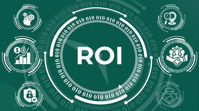 ROI return on investment concept with glowing financial charts, business strategy icons and futuristic technology background.corporate financial performance analysis with roi indicators, profit growth