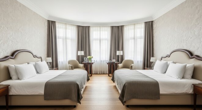 Two plush beds sit side by side within a brightly lit expansive hotel chamber featuring expansive windows covered by heavy curtains and a pair of small armchairs resting in the center floor