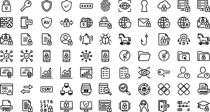 Cyber Security Line Icons Set - Data Protection, Network Security, and Privacy Outline Vector