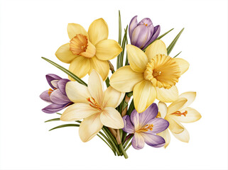 Fototapeta premium A vibrant bouquet of spring flowers, featuring daffodils and crocuses in full bloom, representing the arrival of new life AI generative