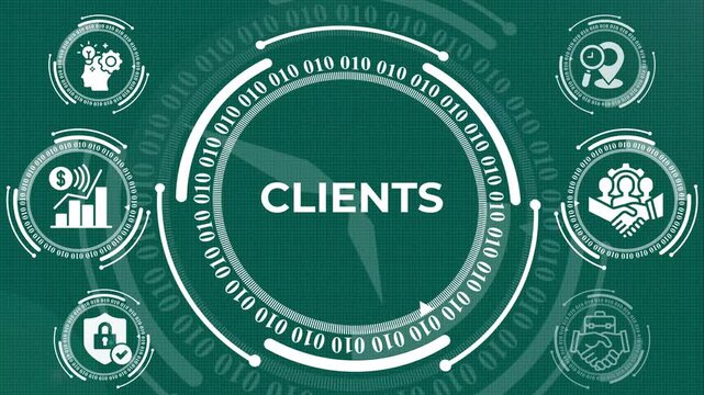 Dynamic holographic HUD dashboard showcasing client metrics and digital business solutions in vibrant emerald light - 4K seamless loop