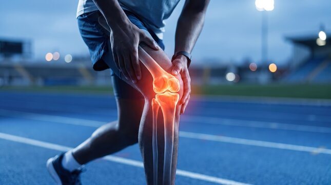 Athlete holding painful knee with glowing joint inflammation graphic