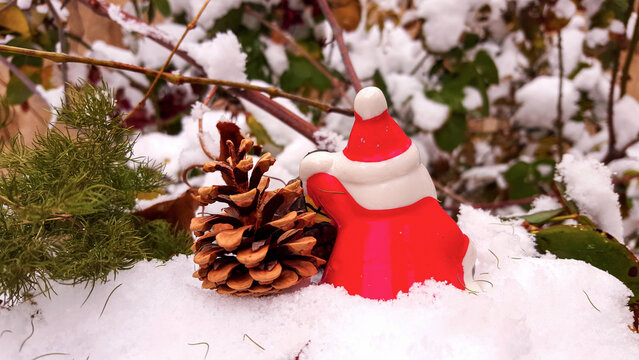Santa Claus figurine and pinecone in snowy winter setting