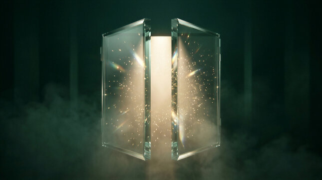 Two transparent glass rectangles opening to reveal bright light and particles. Portal entrance with glowing explosion effect. Abstract corporate background for digital technology concept