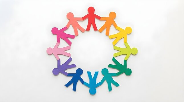 Colorful paper people chain holding hands in a circle representing unity diversity community teamwork and social connection