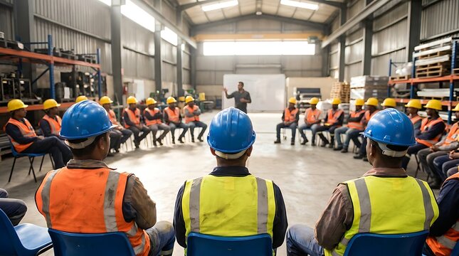 Workers in protective gear listen to a presentation in a factory meeting room, wearing hard hats and vests to ensure safety during training sessions.