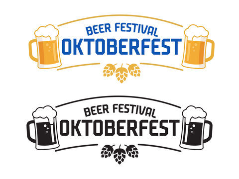 Oktoberfest beer festival horizontal logos with mugs and hops