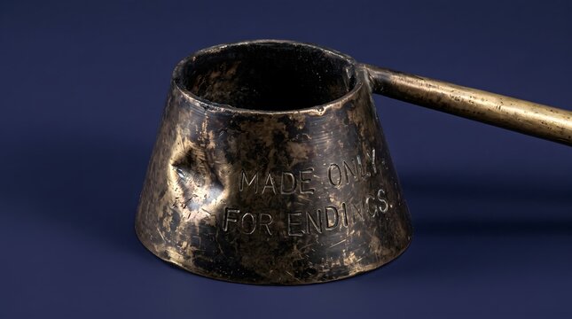 An aged brass candle snuffer engraved with the words 'MADE ONLY FOR ENDINGS' serves as a solemn visual metaphor for finality, closure, and the inevitable end of chapters.
