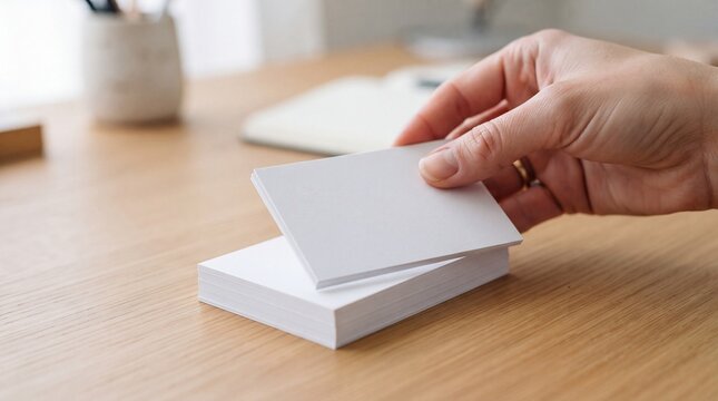 A hand picking up a blank white business card from a stack of cards placed on a light ad social media download thambnail poster web template event festival 2026 2027 2028