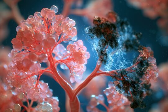 Abstract illustration of diseased lung tissue with black inflammation for medical research concepts.