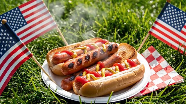 Hot dogs with American flags on green grass.