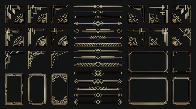 Art deco geometric golden ornamental borders and dividers for graphic design luxury vintage art nouveau invitations frames and page decorations.