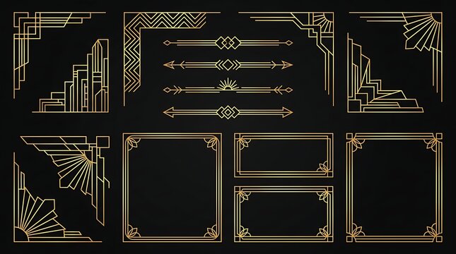 Assortment of art deco style gold geometric decorative elements including corner pieces, borders and frames for graphic design, vintage inspired ornate patterns.