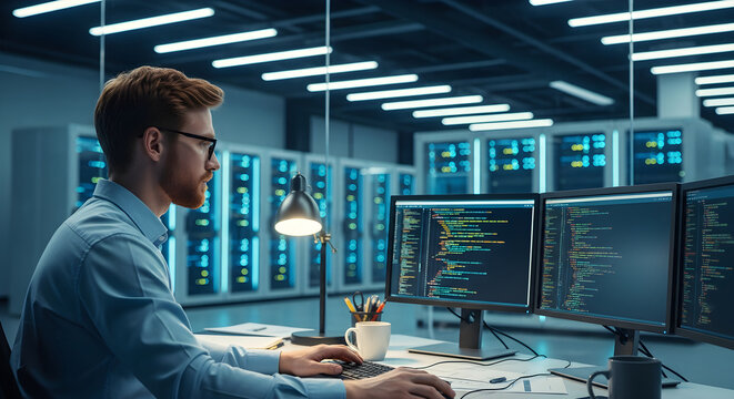 Software Developer Coding on Multiple Screens in a Futuristic Data Center