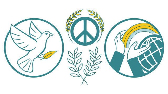 Peace dove and peace symbols with globe and laurel wreath representing harmony and global unity