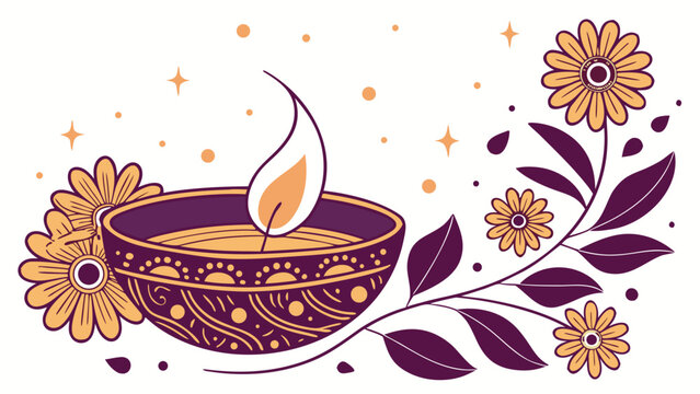 Decorative candle bowl with floral elements and glowing flame in elegant botanical illustration style