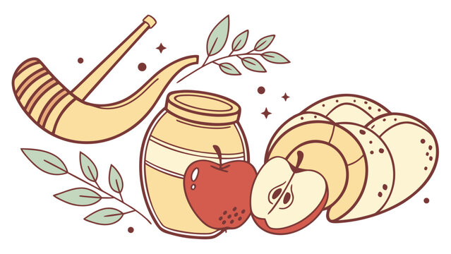 Honey jar with apple, bread and wheat sickle in rustic food illustration style representing harvest and natural products