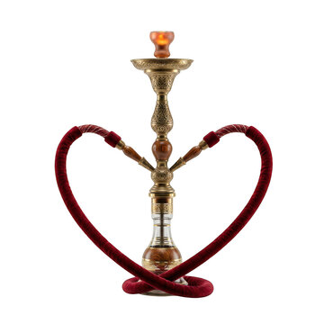 Elegant ornate hookah with red velvet hoses isolated on transparent background