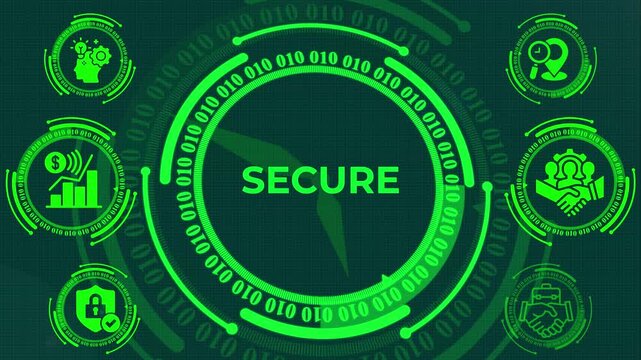 A futuristic digital interface featuring binary code circles and business icons centered around the word SECURE. Ideal for cybersecurity, data protection, and corporate technology presentations.