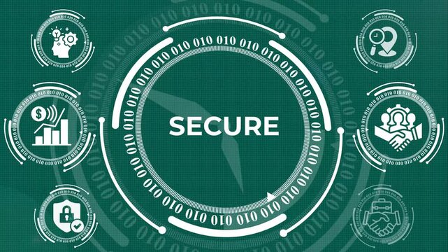 A futuristic digital interface featuring binary code circles and business icons centered around the word SECURE. Ideal for cybersecurity, data protection, and corporate technology presentations.