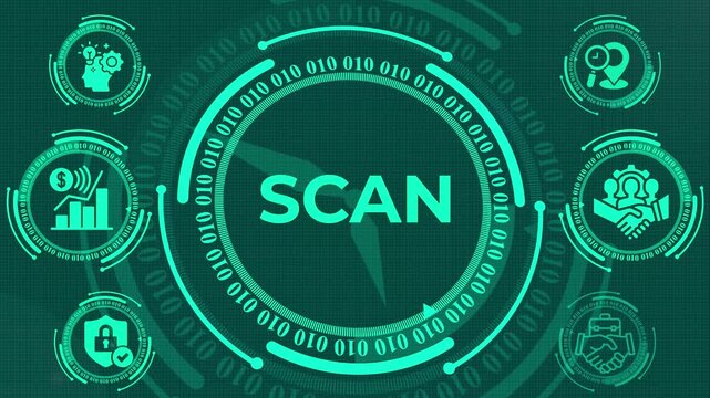 Digital data scan HUD concept for business technology, Advanced digital scanning HUD with binary code, business growth, and partnership icons. Ideal for cybersecurity, data analytics, and corporate  