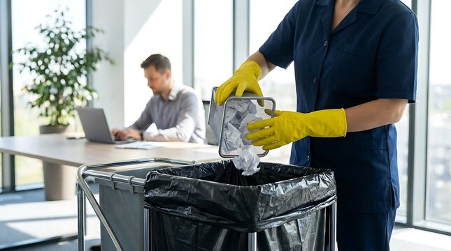 Cleaner in yellow gloves collecting crumpled paper waste into bin on cleaning cart in office, man working on laptop in background, concept for office hygiene and maintenance services.