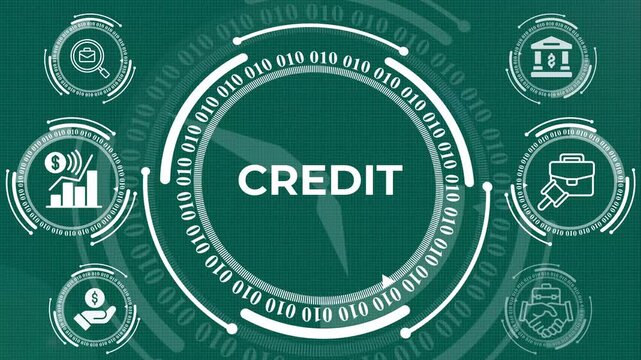 Explore the future of finance with this digital credit interface. Featuring binary code and financial icons, it's perfect for fintech, banking, and credit score technology concepts.