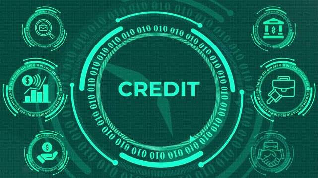 Explore the future of finance with this digital credit interface. Featuring binary code and financial icons, it's perfect for fintech, banking, and credit score technology concepts.
