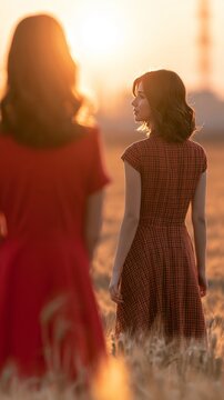 Woman standing and looking at her friend walking away during sunset, showing feelings of distance