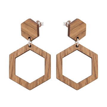 Geometric wooden hexagon drop earrings accessory with pair minimalist on transparent background