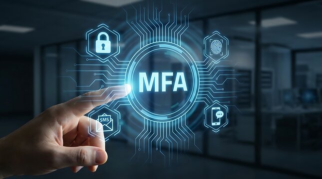Hand touching digital screen displaying glowing blue circle with MFA acronym surrounded by icons for security authentication methods like fingerprint and lock for multi factor authentication concept.