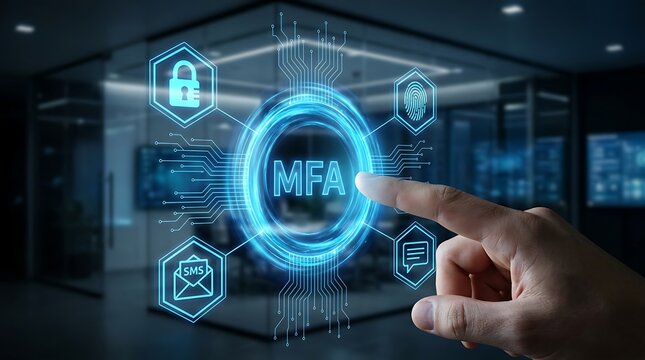 Hand touching digital screen displaying glowing blue circle with MFA acronym surrounded by icons for security authentication methods like fingerprint and lock for multi factor authentication concept.