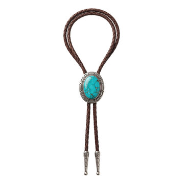 Vintage southwestern turquoise bolo tie with braided leather on transparent background