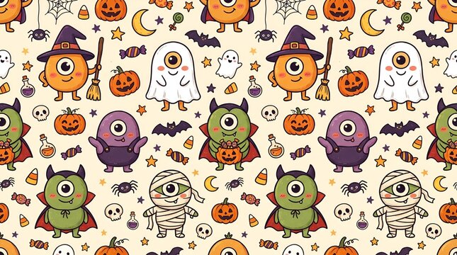 Cute Halloween seamless pattern featuring colorful cyclops monsters, pumpkins, ghosts, witches, bats, and spooky doodle elements on a light background.