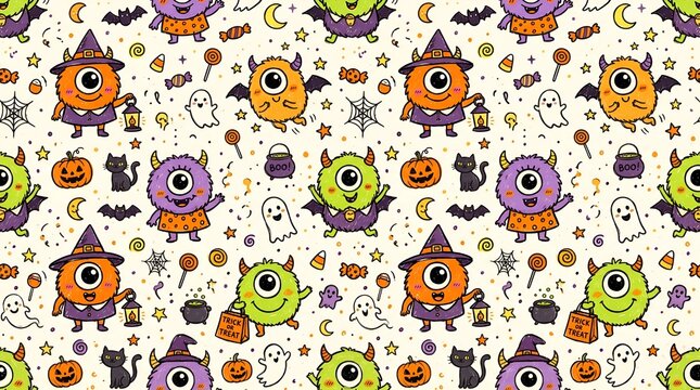 Colorful seamless Halloween pattern featuring cute one-eyed cyclops monsters, pumpkins, ghosts, witches, bats, skulls, and magical night elements.