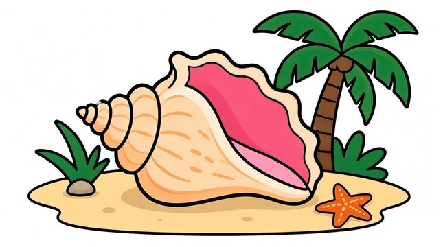 Cartoon Conch Shell on Sandy Beach with Palm Tree and Starfish - Tropical Island Paradise
