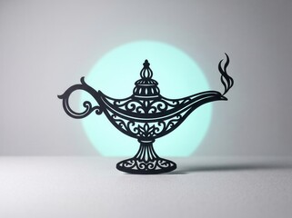 Magic genie lamp silhouette with swirling smoke against soft teal light © Showrov