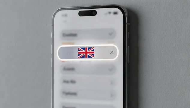 Mobile app interface showing a language dropdown menu medium shot focused on the highlighted language flag and name with the rest of the screen text fading into the background.