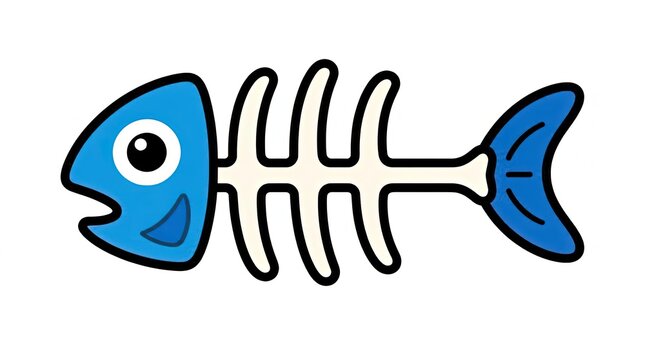 Cute Blue Fish Skeleton Cartoon Vector Logo Icon