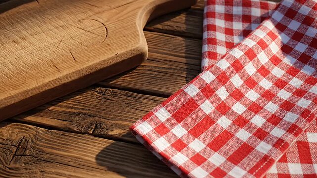 Red checkered napkin on a rustic wooden table.