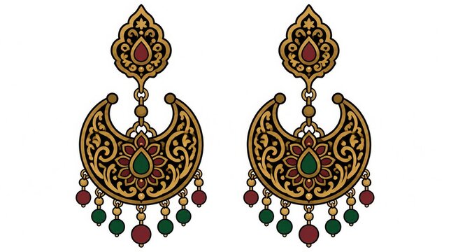 Ornate Vintage Filigree Earrings with Red and Green Gems, Gold Finish, Traditional Indian Jewelry Design
