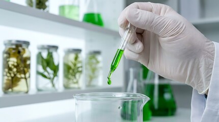 Fototapeta premium Scientist in lab coat and gloves dripping green liquid from pipette into beaker, conducting chemical experiment with plants, research and development in science.