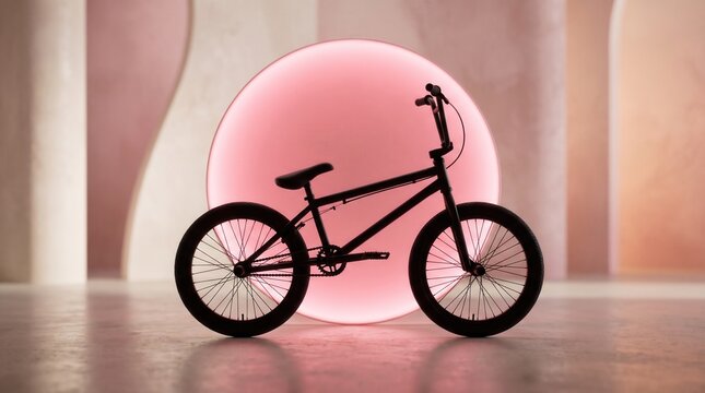 Minimalist silhouette of a bmx bicycle against a soft pink circular background