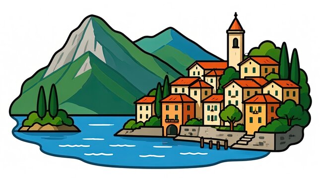 Charming Italian Lakeside Village with Mountains and Lake in Stylized Flat Art