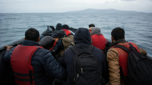 &Uuml;berfahrt &uuml;ber das Meer &ndash; Gruppe von Migranten in einem Schlauchboot mit Rettungswesten auf offener See, von hinten fotografiert, Symbol f&uuml;r Flucht, Gefahr und Hoffnung auf Ankunft.
