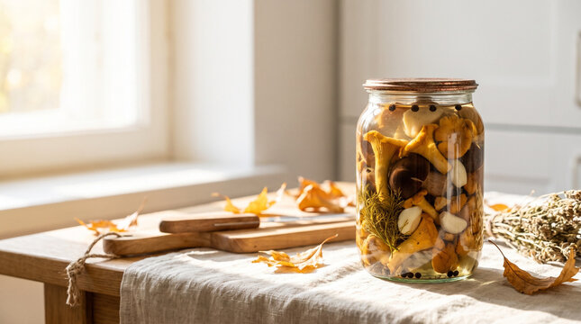 Pickled wild mushrooms in jar on a linen cloth with dry autumn leaves and wooden background. For food storage and autumn forest harvest theme.