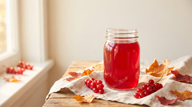 Red currant jelly glass jar with fresh berries and fallen autumn leaves on a wooden table. For autumn sweet preserves and seasonal dessert theme.