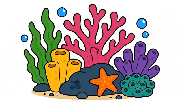 Vibrant Cartoon Coral Reef Scene with Starfish and Seaweed, Flat Vector Illustration