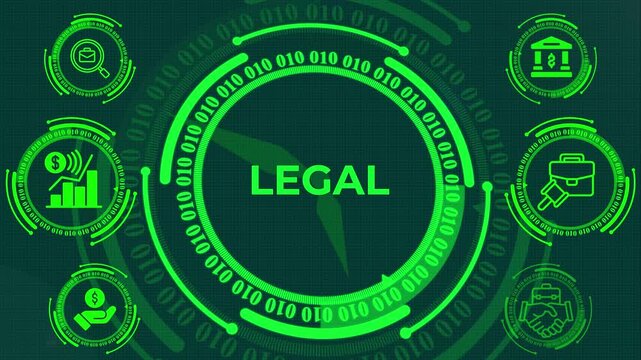 Legal Tech Digital Interface for Corporate Compliance and Law Systems, Digital Law Platform Interface with Hud Elements and Binary Data, High-Tech Legal Interface for Online Arbitration and Compliance