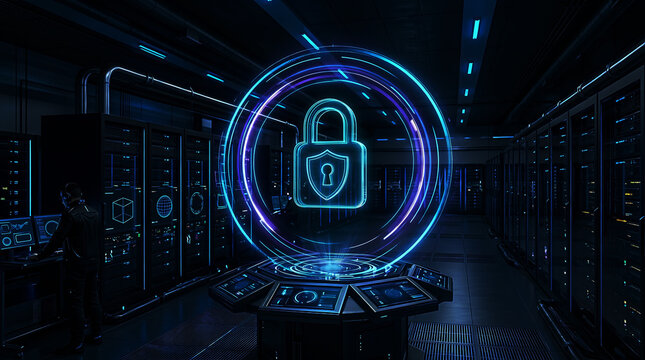 Glowing digital padlock icon floating inside a modern high tech server room data center.